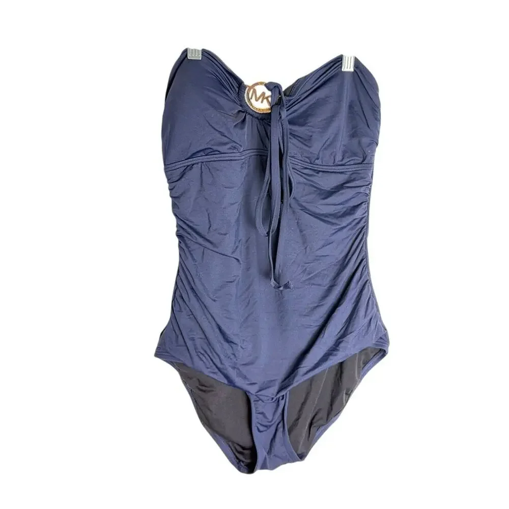 Michael Kors Womens Size 8 Navy Blue Strapless Ruched One Piece Swimsuit